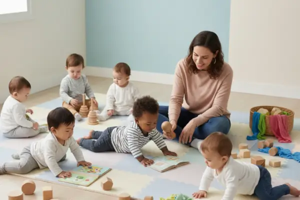 Fotografia ilustrativa de um berçário acolhedor com bebês de diversas etnias explorando livros e brinquedos de madeira sobre um tapete colorido, acompanhados por uma educadora em um ambiente iluminado e seguro.