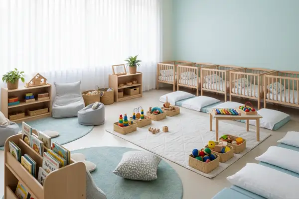 Fotografia de uma sala de berçário ampla e organizada, com iluminação natural vinda de uma grande janela. No chão, um tapete quadriculado colorido onde bebês exploram instrumentos musicais, como um xilofone de madeira, e tecidos de diferentes texturas. Ao fundo, prateleiras baixas com cestos organizadores contendo brinquedos educativos. Uma educadora está sentada no chão, interagindo de forma carinhos.