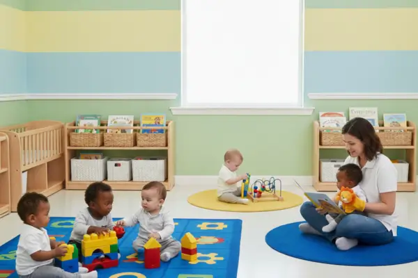 Fotografia de um berçário amplo e iluminado, com bebês de diversas etnias (negros, brancos e latinos) interagindo harmoniosamente no chão. O ambiente possui móveis baixos de madeira, prateleiras organizadas com cestos e brinquedos pedagógicos coloridos. Ao fundo, uma educadora está agachada interagindo com uma criança.