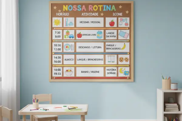 Fotografia de um ambiente infantil acolhedor com paredes azuis claras. Ao centro, um quadro de rotina em cortiça intitulado "Nossa Rotina" exibe colunas com horários, atividades e ícones coloridos. Os ícones representam momentos como alimentação, higiene, brincadeiras e sono. Abaixo do quadro, há uma mesa de madeira clara com cadeiras pequenas e materiais de desenho, criando um cenário organizado e estimulante.