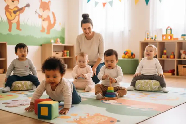 Fotografia de um berçário iluminado e colorido, com paredes decoradas com desenhos de animais. Diversos bebês de diferentes etnias, vestidos com roupas confortáveis, estão engatinhando, sentados ou manipulando brinquedos pedagógicos em um tapete estampado. Ao fundo, uma educadora sorri, observando atentamente as crianças. A cena transmite alegria, segurança e a importância da exploração motora no desenvolvimento infantil.