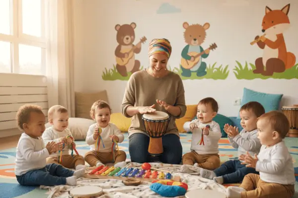 Imagem de um berçário colorido e seguro. Uma educadora está sentada no chão, sorrindo, rodeada por bebês de diferentes etnias. Ela segura um pequeno tambor, enquanto os bebês interagem com chocalhos e um xilofone colorido. As crianças demonstram expressões de alegria, curiosidade e atenção. O ambiente é decorado com elementos lúdicos e tapetes macios, transmitindo uma atmosfera de acolhimento e diversidade.