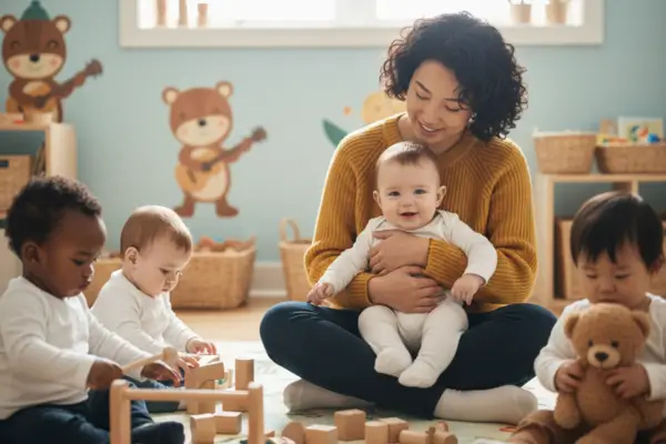 Fotografia com iluminação natural de um berçário moderno e acolhedor. No primeiro plano, uma educadora segura um bebê com ternura, mantendo contato visual. Ao fundo, em uma área de brinquedos sobre um tapete macio, outros bebês de diferentes etnias exploram objetos lúdicos de forma segura. O ambiente possui cores suaves e transmite uma sensação de paz, cuidado e inclusão social.