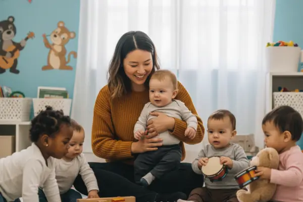 Uma fotografia vibrante e luminosa de um berçário contemporâneo. No centro, uma educadora sorridente está sentada ao nível do chão em um tapete macio, interagindo com um grupo diverso de bebês. Um dos bebês explora um brinquedo de madeira, enquanto outro engatinha em direção a um cesto de tesouros com objetos naturais. O ambiente ao fundo apresenta estantes baixas acessíveis, cores pastéis e uma iluminação natural suave que entra por uma janela grande. A imagem transmite uma atmosfera de segurança, profissionalismo e protagonismo infantil.