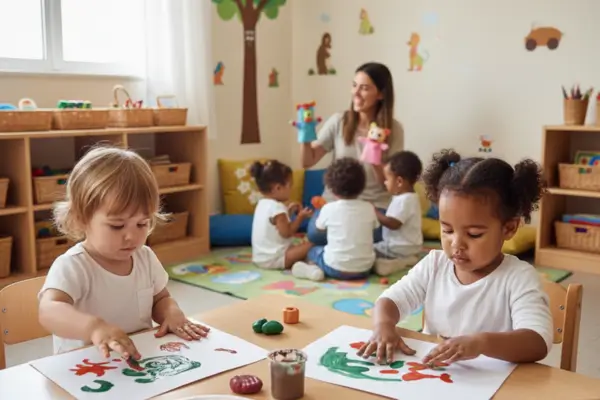 Fotografia de um grupo de crianças pequenas, entre 1 e 3 anos, em uma sala de maternal colorida e iluminada. Elas estão concentradas e sorridentes enquanto realizam atividades artísticas; uma criança faz pintura com os dedos em um papel grande no chão, enquanto outra manipula massinha colorida em uma mesa baixa. Ao fundo, prateleiras acessíveis com livros e materiais lúdicos completam o ambiente seguro e estimulante.