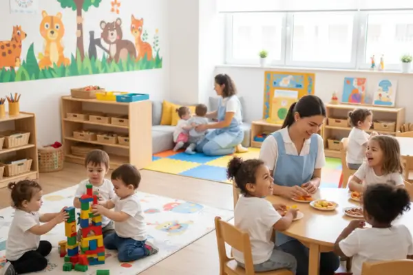 Fotografia de uma sala de maternal ampla e organizada, dividida em estações de atividades integradas. Em um lado, crianças brincam com blocos de construção coloridos; ao centro, um pequeno grupo está sentado em mesas adequadas para o lanche; e, em destaque, uma educadora se abaixa para interagir de forma atenciosa com os pequenos. O ambiente é acolhedor, com luz natural e materiais que sugerem uma rotina fluida entre o brincar, o alimentar-se e o aprender.