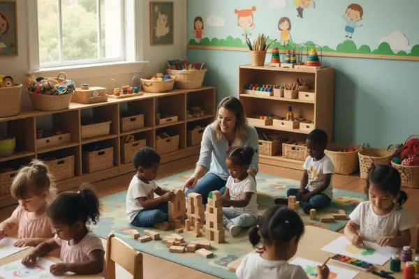 Fotografia de uma sala de maternal ampla e ensolarada, onde crianças de diversas etnias, entre 2 e 3 anos, exploram diferentes estações de aprendizagem. Algumas montam blocos coloridos, outras desenham com giz de cera, enquanto uma professora, agachada ao nível das crianças, incentiva a interação social. Ao fundo, estantes organizadas exibem livros infantis, cestos de materiais sensoriais e brinquedos educativos de madeira, refletindo um ambiente planejado para o desenvolvimento integral e o protagonismo infantil conforme a BNCC.