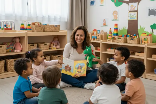 Fotografia em plano médio de uma roda de conversa em uma sala de maternal acolhedora. Um educador sorridente está sentado no chão ao nível das crianças, segurando um fantoche de mão. As crianças, de diversas etnias, estão sentadas em um tapete colorido, rindo e gesticulando. Ao redor, livros de pano abertos e brinquedos sensoriais compõem o cenário. A luz natural entra pela janela, destacando um ambiente de aprendizado seguro, alegre e focado na interação oral.