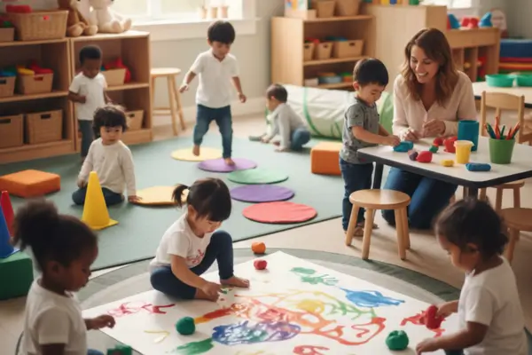 Fotografia lúdica de um grupo diversificado de crianças de 1 a 3 anos em atividades de coordenação motora no maternal. O cenário inclui pintura a dedo, modelagem com massinha, circuitos de obstáculos com almofadas e uma amarelinha adaptada. Uma educadora media as interações em um ambiente seguro e acolhedor, exemplificando a integração entre rotina e desenvolvimento motor defendida por Rodrigues e Almeida (2015) e as diretrizes da BNCC (2018).