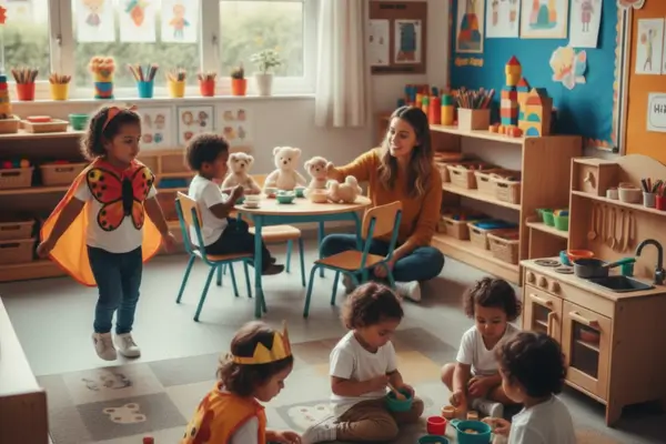 Crianças de 2 a 3 anos em uma sala de aula colorida participando de jogos simbólicos. A cena mostra o uso de fantasias, bonecos e miniaturas de cozinha, ilustrando a capacidade de representação e o aprendizado lúdico sob mediação da educadora. A imagem exemplifica os conceitos de desenvolvimento cognitivo e social defendidos por Soares e Silva (2015) e Silva e Rubio (2014).