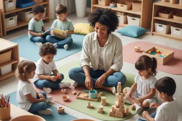 Fotografia de um ambiente de educação infantil inclusivo e diversificado. Crianças de várias etnias interagem em "cantinhos" temáticos de leitura, exploração sensorial e blocos de construção. Uma professora afrodescendente media as atividades de faz de conta com sorriso e acolhimento. O espaço é organizado e seguro, refletindo a intencionalidade pedagógica e a rotina estruturada defendida por Rodrigues e Almeida (2015) e as diretrizes da BNCC (2018).