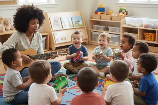Crianças de 1 a 3 anos sentadas em círculo em uma sala de Maternal. Elas sorriem e interagem enquanto tocam instrumentos simples de percussão, como pandeiros e chocalhos de materiais não convencionais. A cena ilustra a prática da musicalização ativa e a descoberta sonora por meio da experiência, conforme os conceitos de Gainza (1988) e as diretrizes da BNCC (2018).