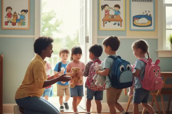 Fotografia realista de uma professora de Educação Infantil ajoelhada ao nível das crianças para recebê-las na porta da sala. As crianças carregam objetos de transição como peluches e mochilas. O ambiente é iluminado, com cartazes de rotina visual ao fundo, exemplificando a prática de acolhimento e a construção de vínculos de confiança no Maternal conforme as diretrizes de Matuoka (2024) e da BNCC.