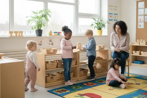 Fotografia de um grupo diversificado de crianças de etnias variadas em uma sala de aula iluminada. Uma menina tenta calçar seus sapatos, um menino organiza blocos de montar em uma prateleira baixa e outra criança experimenta vestir um casaco. Ao fundo, uma professora latina de cabelos escuros observa com um sorriso encorajador, mantendo-se disponível sem interferir, exemplificando o conceito de ambiente preparado e o papel do educador como mediador da autonomia.