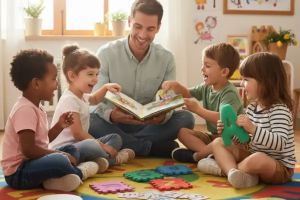 Um professor homem sentado no chão de uma sala de aula iluminada com quatro crianças. Eles estão em círculo sobre um tapete colorido com letras. O professor segura um livro aberto enquanto as crianças sorriem, interagem com peças de quebra-cabeça de letras e instrumentos musicais.