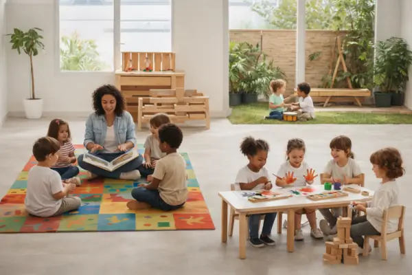 Uma sala de aula de pré-escola ampla, iluminada e colorida. No centro, uma educadora de cabelos escuros observa com um sorriso um grupo de crianças. As crianças estão organizadas em diferentes atividades: algumas exploram livros em almofadas, outras manipulam instrumentos musicais e materiais artísticos, e um pequeno grupo conversa em roda. O ambiente é acolhedor, com tons suaves, transmitindo uma sensação de curiosidade, movimento e autonomia infantil.