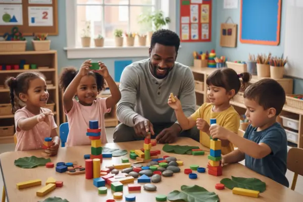 Uma foto de plano médio mostrando um grupo de crianças reunidas em volta de uma mesa grande e iluminada em uma sala de aula colorida. Um educador sorri enquanto orienta as crianças, que manipulam com entusiasmo blocos geométricos coloridos, tampinhas e elementos naturais como folhas e pedras. A cena transmite uma atmosfera de concentração, descoberta e interação social, com foco no protagonismo infantil e no aprendizado lúdico da matemática.