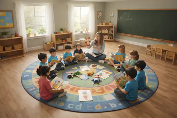 Uma foto de uma professora sorridente sentada no chão de uma sala de aula clara e convidativa, rodeada por um grupo diverso de crianças de 4 a 5 anos. Ela segura um fantoche de raposa enquanto mostra um livro aberto. As crianças estão sentadas em um tapete colorido, cada uma com seu próprio livro ou interagindo com cartões de história e pequenos bonecos dispostos no chão. A cena irradia alegria, engajamento e o prazer da leitura na educação infantil.