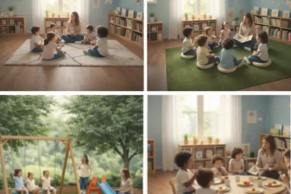 Colagem com quatro cenas de uma pré-escola: crianças em roda de conversa com a professora, momento de leitura coletiva, crianças brincando no parquinho ao ar livre com balanço e areia, e o momento do lanche em uma mesa redonda. O ambiente é iluminado, com móveis de madeira e cores suaves.