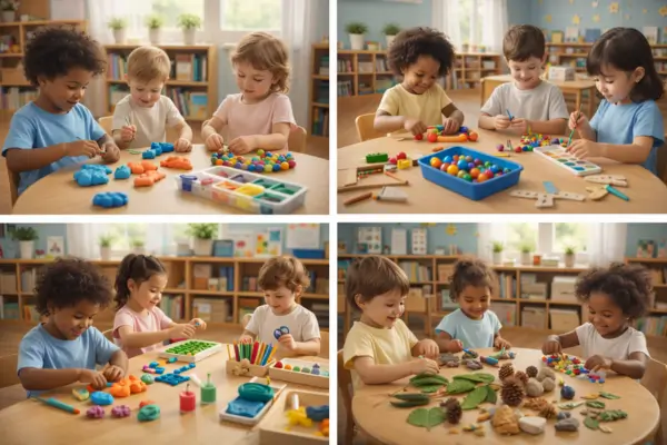 Crianças de 4 a 5 anos, realizando atividades de coordenação motora fina com massinha, contas grandes, pincéis, prendedores e elementos naturais em sala de educação infantil organizada e iluminada.