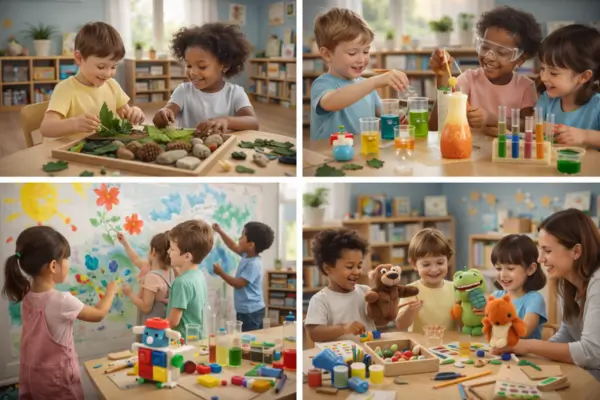 Crianças de 4 e 5 anos participando de estações de projetos na educação infantil, explorando materiais naturais, experiências científicas, pintura coletiva, criação com sucata e atividades com fantoches em ambiente organizado e iluminado.