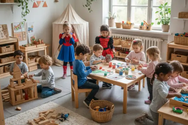 Fotografia de uma sala de aula de pré-escola ampla, iluminada e organizada em "cantos" temáticos. Ao fundo, crianças brincam com blocos de madeira em um tapete; à direita, um grupo explora fantasias e tecidos em frente a um espelho; no centro, crianças estão concentradas em atividades de pintura e exploração sensorial em mesas baixas de madeira. O ambiente é decorado com tons suaves, materiais naturais e prateleiras baixas, transmitindo uma atmosfera de acolhimento, estética harmoniosa e foco.